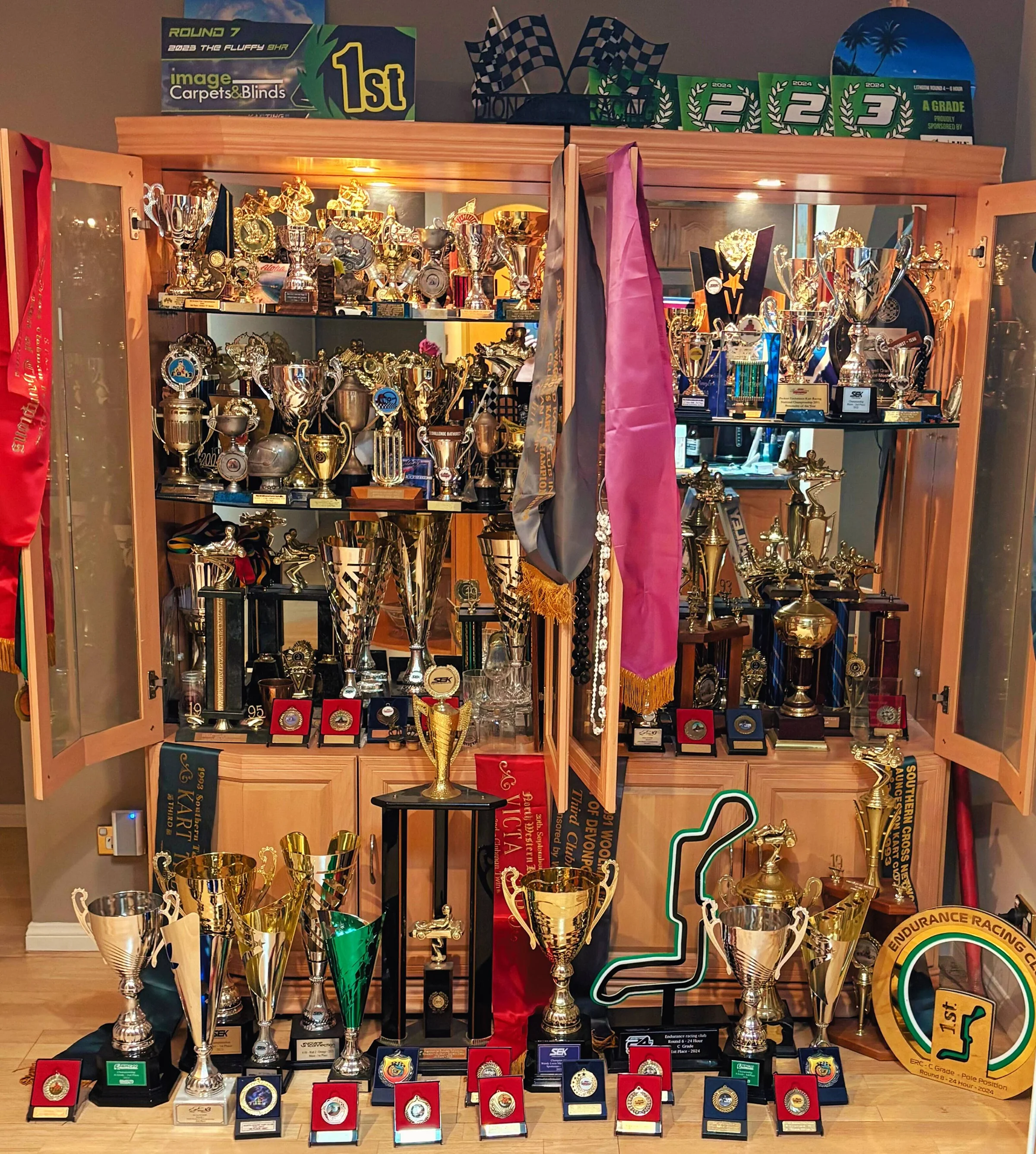 DS Racing Karts trophy collection — decades of wins