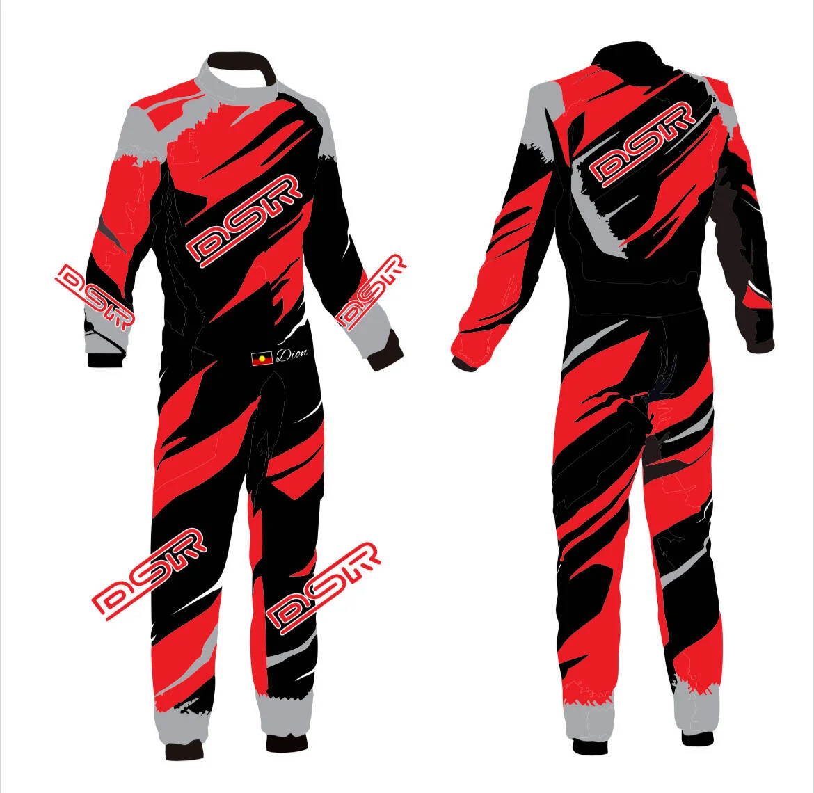 DSR race suit – design render (front & back)